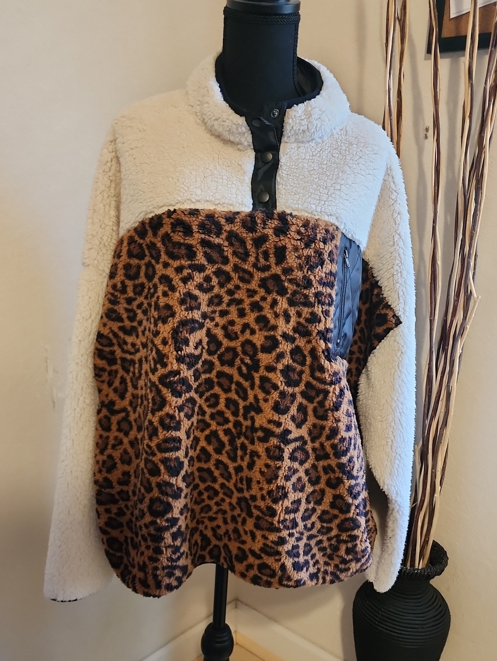 Seven7 Cream Sherpa Pullover with Leopard Front Panel